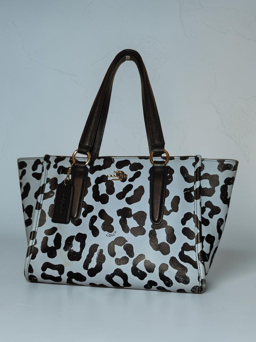 Coach Ocelot Minu Sky Blue Leopard Print Tote with Black Handles